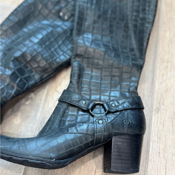 Born Lewis black croc embossed leather double buckle heeled boots - Picture 3 of 15